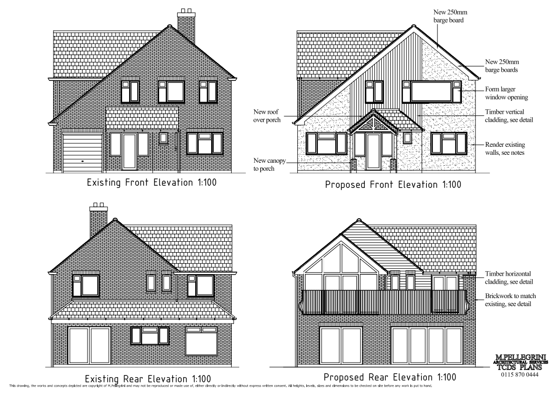 Architectural elevations of front porches and rear balconies.